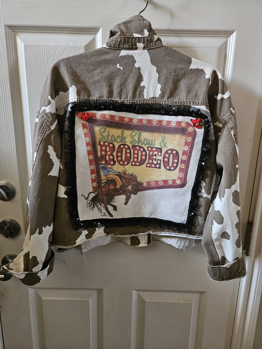 Custom Cowprint Rodeo Patch Denim Jacket - Brown & White